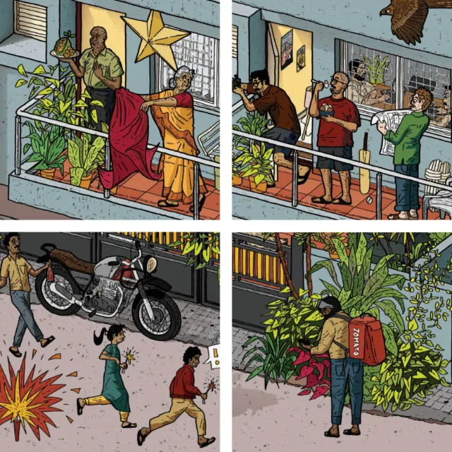 Urban living artwork showing daily life in Bengaluru apartments