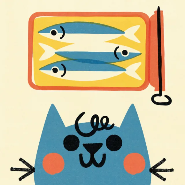 Blue cartoon cat with fishing rod and fish tray by Pintachan