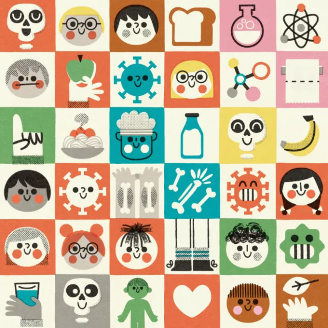 Colorful grid of cartoon faces and objects by Pintachan