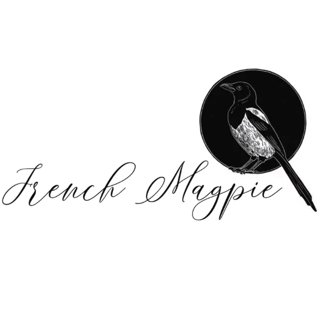 French Magpie logo featuring a black bird illustration in a circle by Emily Robertson