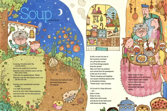 Illustration of grandma and girl planting vegetables and making soup by Cara Wang