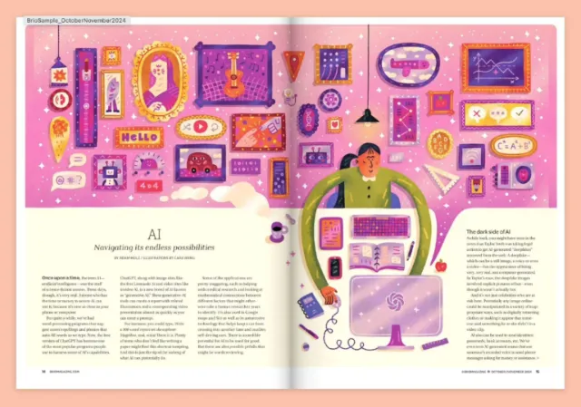 Girl working at computer surrounded by AI icons and charts by Cara Wang