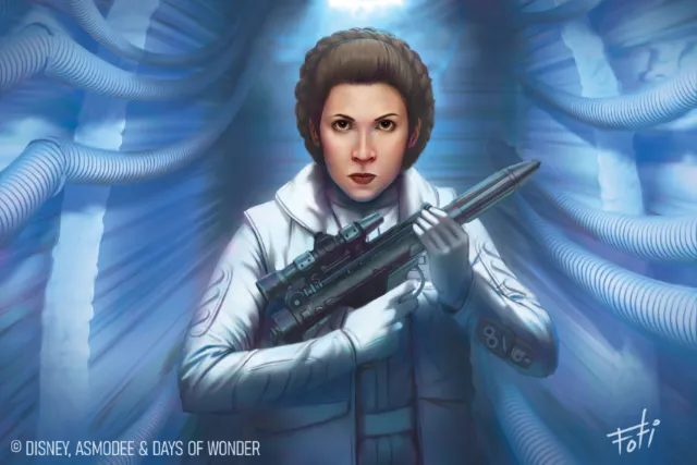 Princess Leia in white outfit holding blaster rifle, digital art by Anthony J Foti