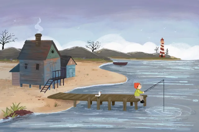 Child fishing on dock near lakeside house and lighthouse by Dalia Awad