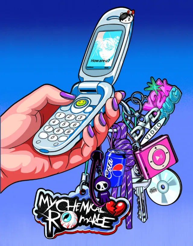 Y2K flip phone with keychain including Pepsi can and My Chemical Romance tag by Heymoonly Dale