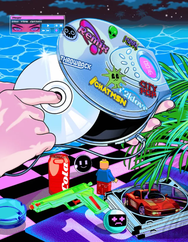 Hand holding a disc, neon gaming stickers, toy gun, and plants, by Heymoonly Dale