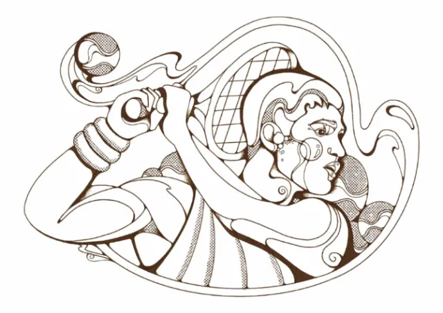 Black and white drawing of a female tennis player with ball and racket by Laura Greenan