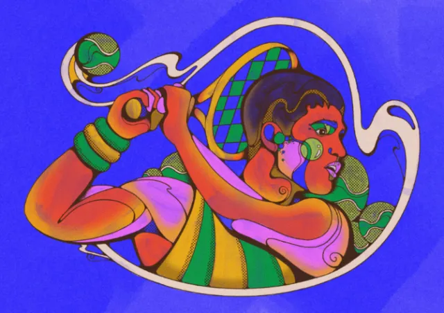 Colorful psychedelic illustration of tennis star Carlos Alcaraz by Laura Greenan