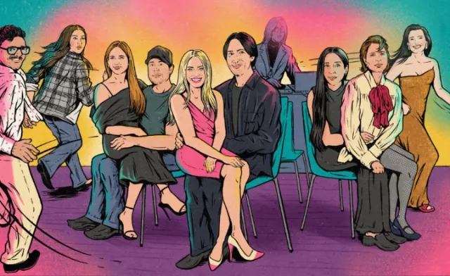 Colored illustration of group sitting on chairs by Cat Sims