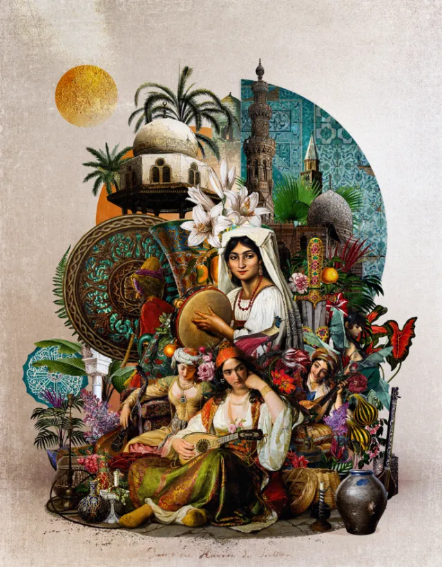 Intricate artwork showing a woman playing oud and a man playing drum, with sultan's harem motifs by