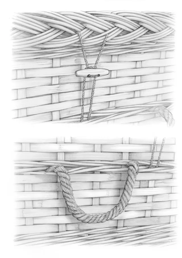 Detailed pencil drawing of bamboo basket weaving by Juliet Percival