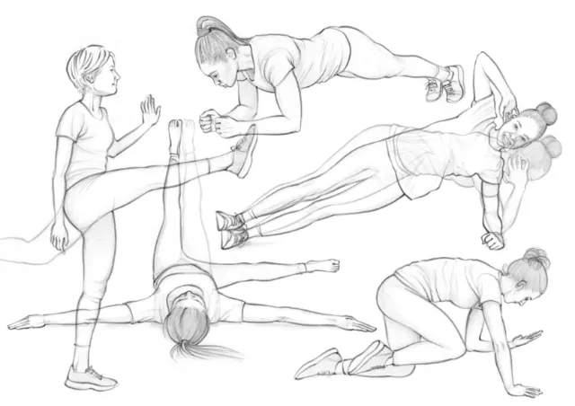 Black and white sketch of women performing various exercises by Juliet Percival