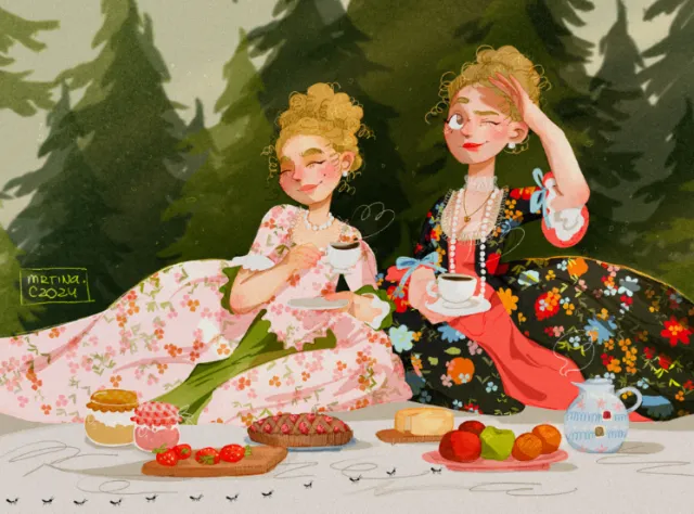 Two women having tea and snacks at a royal picnic by Martina Curiotto