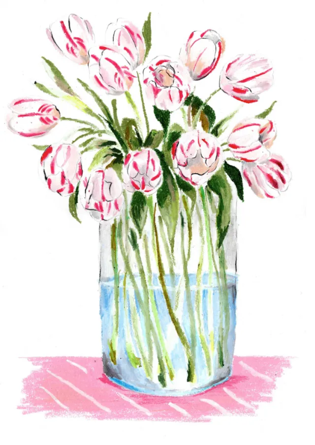 Pink and white tulips in a glass vase by May van Millingen
