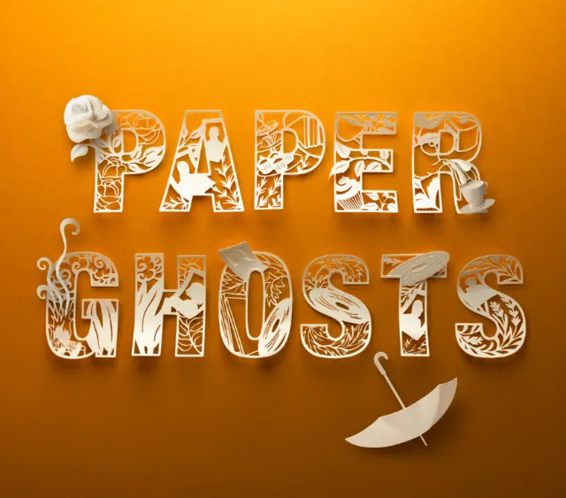 Paper Ghosts lettering with paper cutouts of rose, umbrella, and plants by Gail Armstrong
