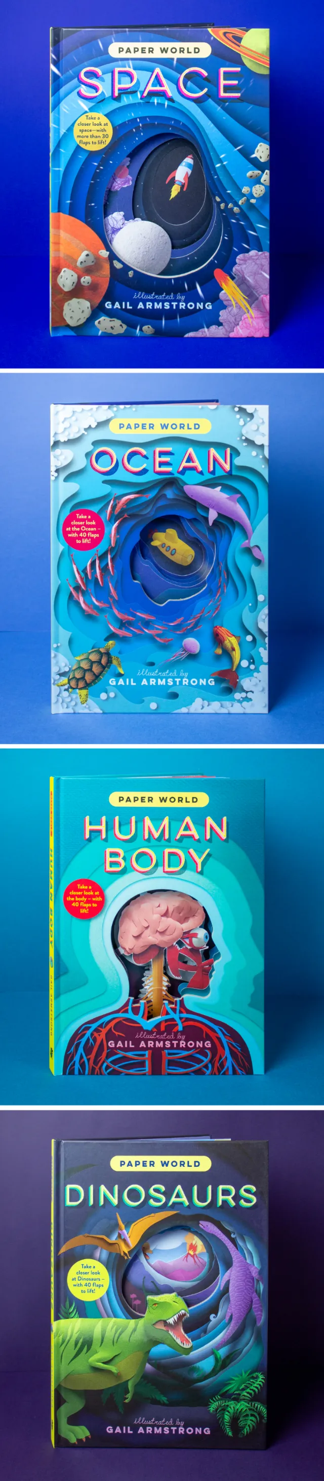 Book covers of Paper World series by Gail Armstrong: Space, Ocean, Human Body, Dinosaurs