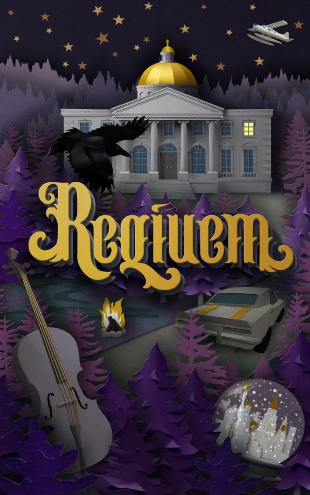 Book cover of Requiem showing forest, academy, cello, snowglobe, and seaplane by Gail Armstrong