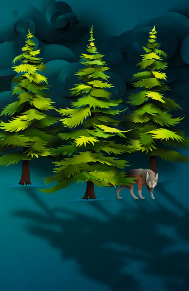 Book cover Still Life shows pine trees and a wolf under dark skies by Gail Armstrong