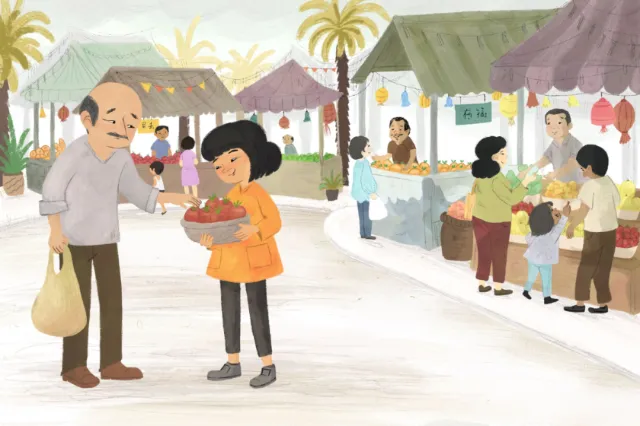 Outdoor market scene with people shopping and colorful stalls by Dalia Awad