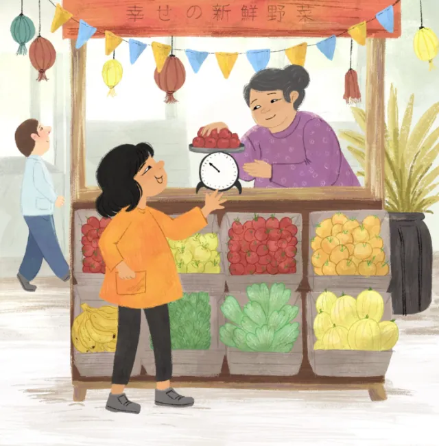 Woman buying fruit at a market stand from vendor by Dalia Awad