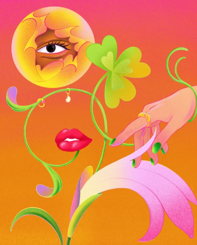 Surreal floral face with lips, eye, clover, and hand by Julia Prokhotskaya