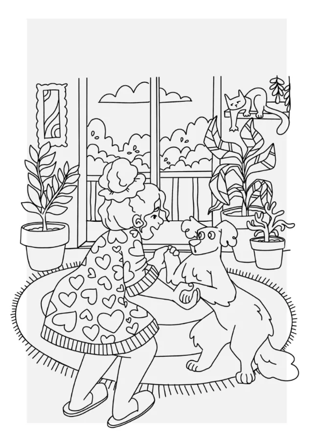 Girl playing with dog inside room with plants by Carol Rempto