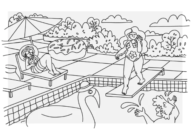 Line drawing of pool scene with diver, lounger, and inflatable flamingo by Carol Rempto