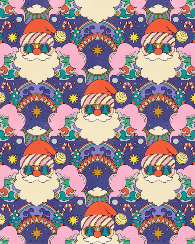 Colorful groovy Santa faces in repeating festive pattern by Lively Scout