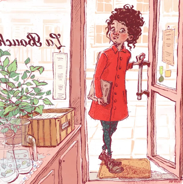 Illustration of girl in red coat opening restaurant door by Amandine Dugon