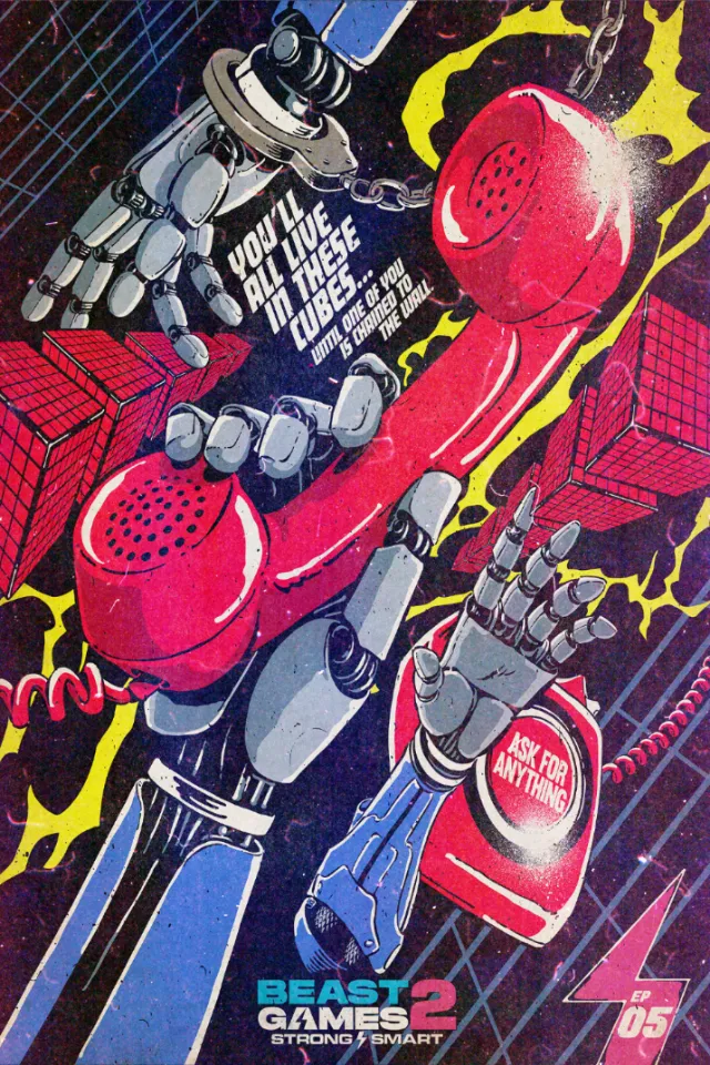 Comic-style retro red phone held by robot arm, artwork by Butcher Billy