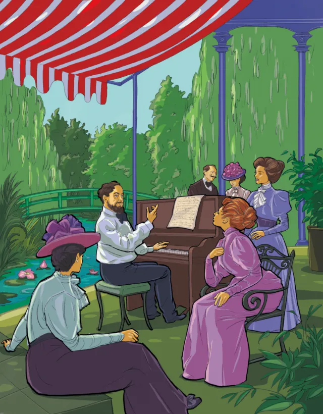 People listening to piano music in a garden gazebo by Silke Bachmann