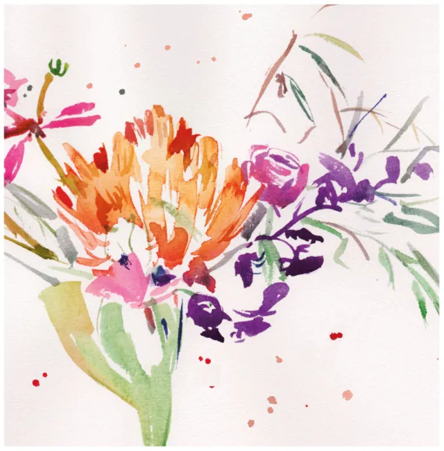 Watercolor floral bouquet with orange and purple flowers by Silke Bachmann