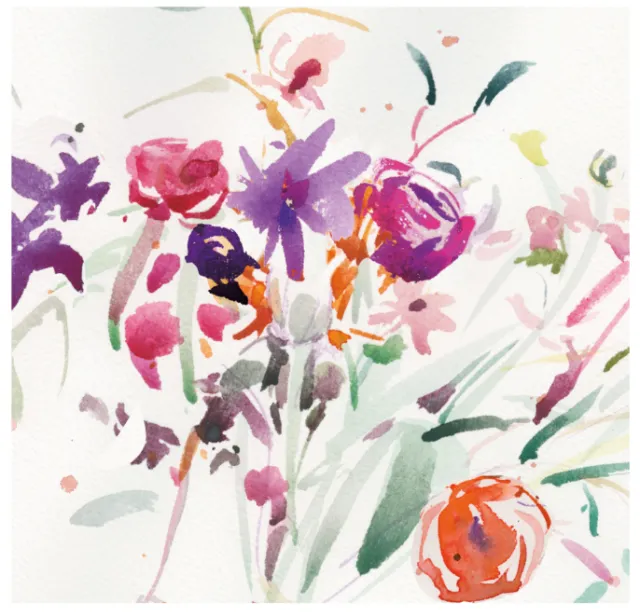 Abstract floral watercolor painting by Silke Bachmann with pink and purple flowers