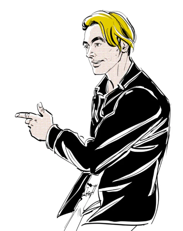 Young man with blond hair pointing sideways, illustration by Silke Bachmann