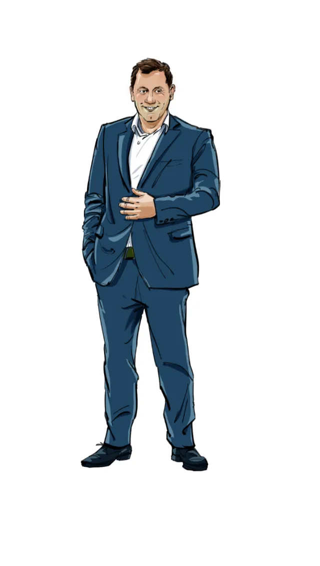 Illustration of a man in a blue suit standing with hand in pocket by Silke Bachmann