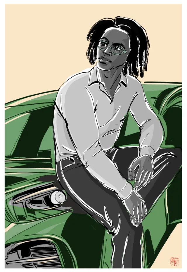 Man with dreadlocks sitting on green car hood by Silke Bachmann