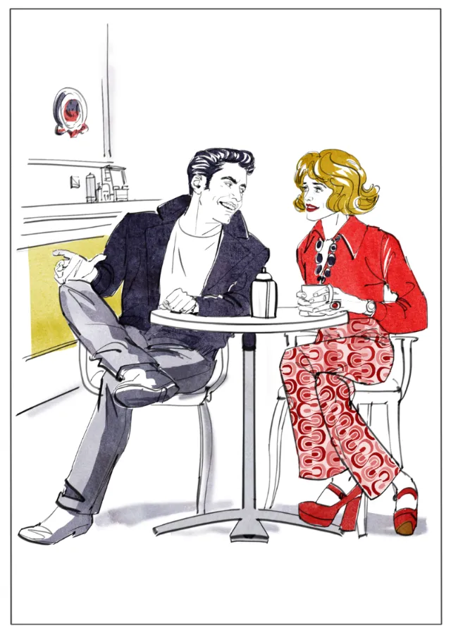 Man and woman chatting at cafe table in colorful illustration by Silke Bachmann