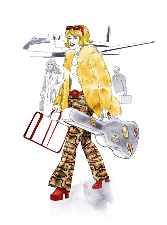 Fashionable woman holding guitar case and suitcase in airport terminal by Silke Bachmann