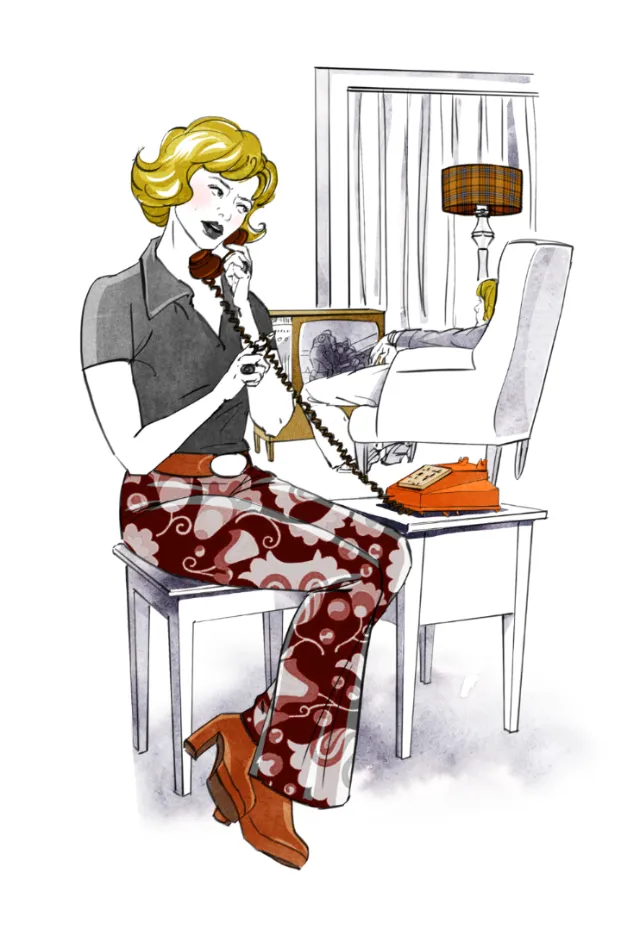 Woman sitting on chair talking on vintage rotary phone by Silke Bachmann