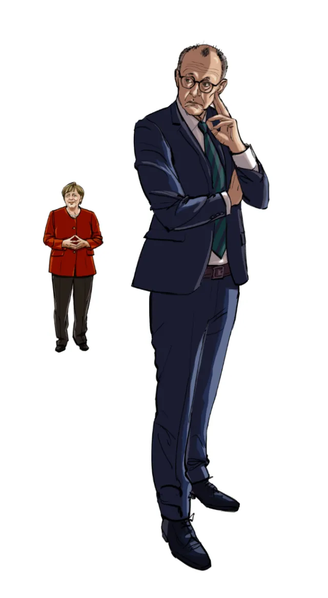 Man in dark suit posing thoughtfully with woman in red sweater behind, by Silke Bachmann