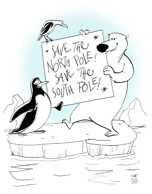 Cartoon of polar bear and penguin holding climate protest sign by Silke Bachmann