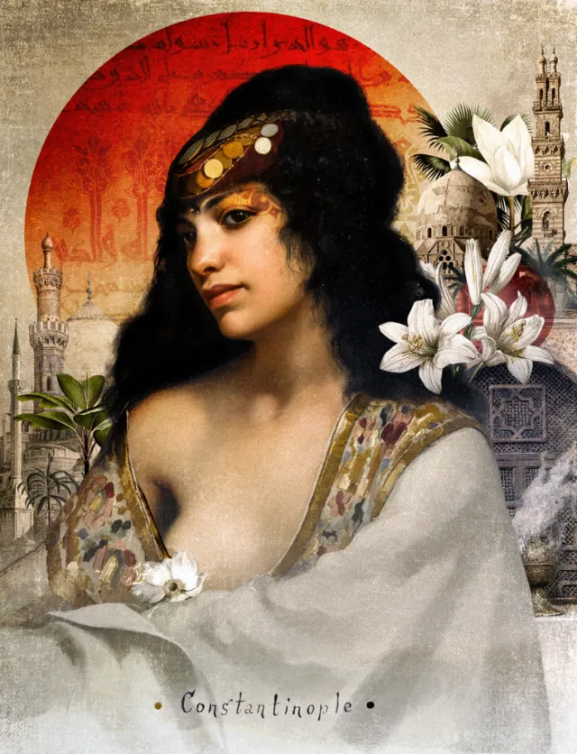 Portrait of woman with flowers and Constantinople cityscape by Patrick Boyer