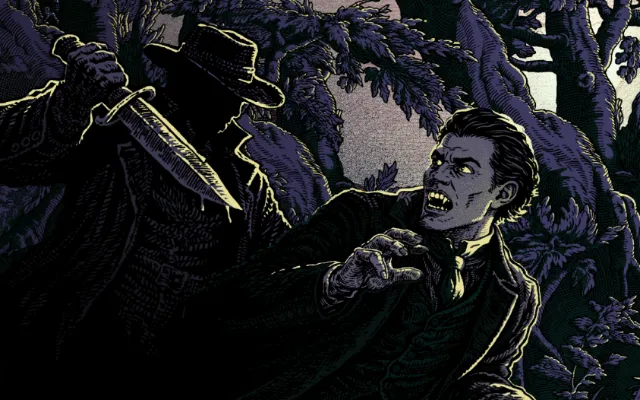 Dark etching of man defending against attacker with bowie knife by Studio Duco