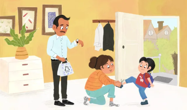 Illustration of a parent observing a child waving goodbye while leaving the house by Dalia Awad