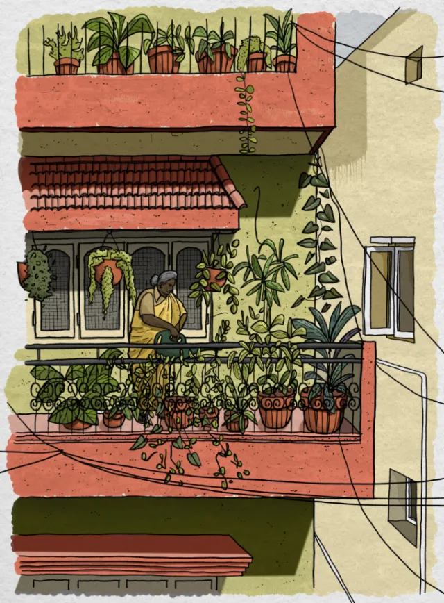 Balcony with potted plants and woman in Bengaluru street, Jack Sweet