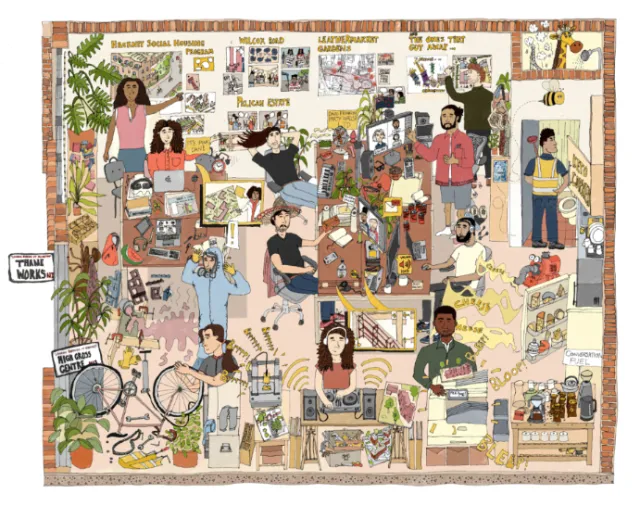 Busy architecture office scene with diverse people by Jack Sweet