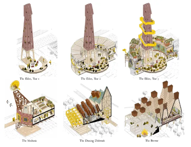 Cutaway drawings of playful architectural structures inspired by local community stories by Jack Swe