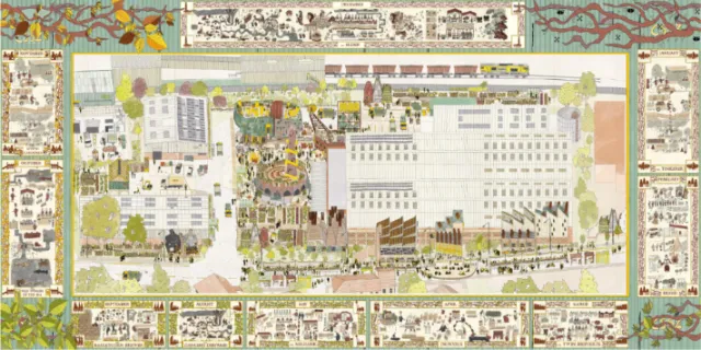Drawing of playful temporary structures linking food makers and community by Jack Sweet