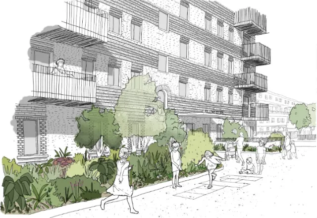 Architectural sketch of social housing with people in outdoor communal space by Jack Sweet