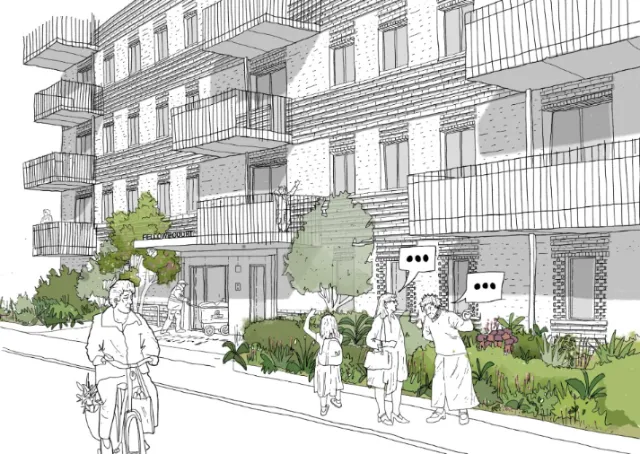 Architectural sketch of social housing with people interacting, by Jack Sweet